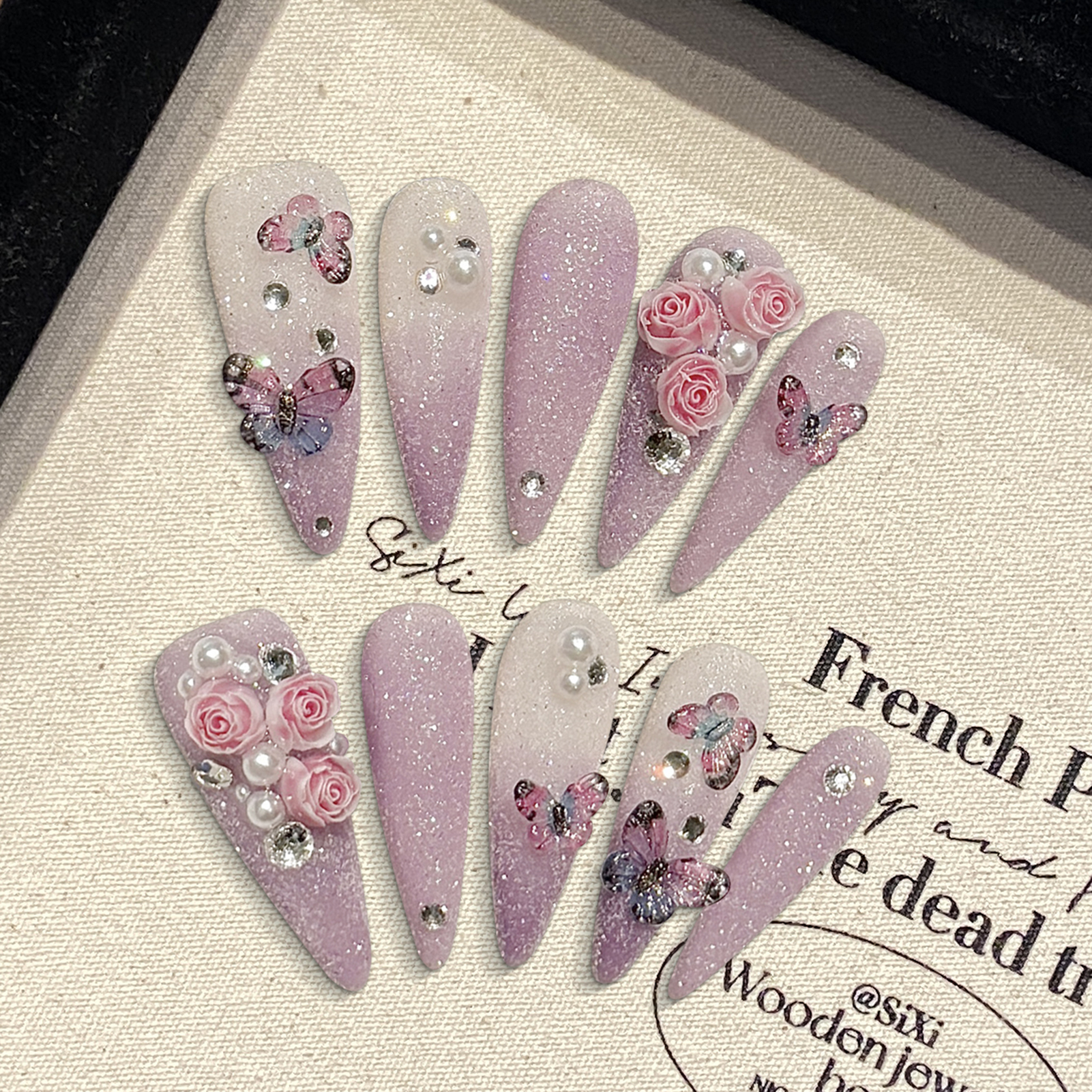 Resin Art Flowers - 10pcs Long Stiletto Handmade Fake Nails
