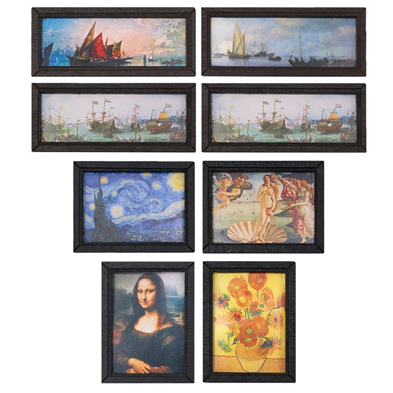 Resin Art And Wood - 8Pcs 1:12 Dollhouse Vintage Oil Painting